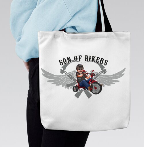 SON OF BIKERS / Сын Байкеров забавный малыш гоняет на красном трицикле весело, Сумка с ручкой и внутренним карманом на молнии