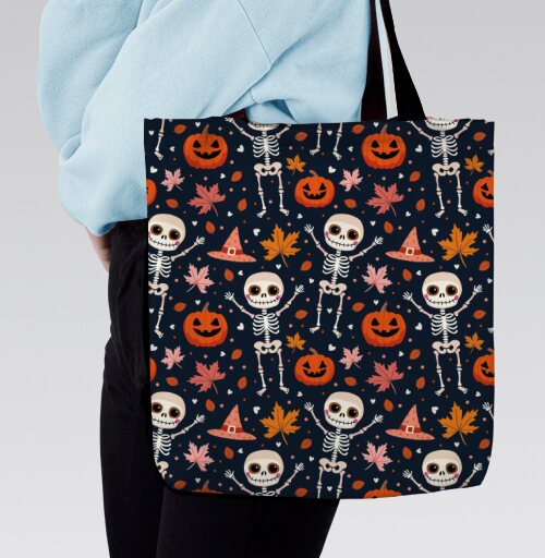 Веселый танцующий скелет и тыква / Happy skeleton and pumpkin Halloween, Сумка с ручкой и внутренним карманом на молнии