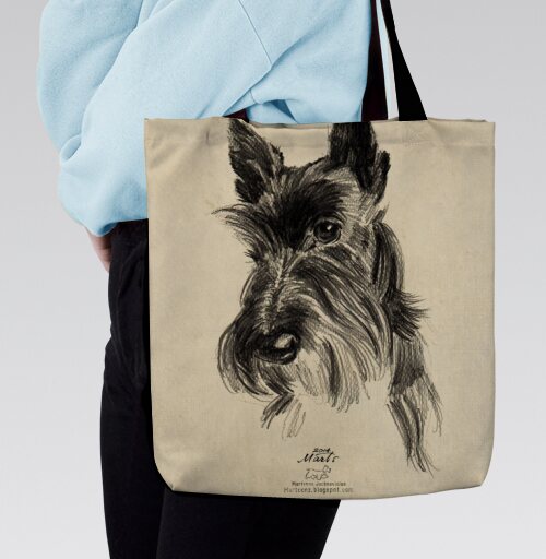 Scottish Terrier Шотландский терьер эскиз портрет черного пса, Сумка с ручкой и внутренним карманом на молнии
