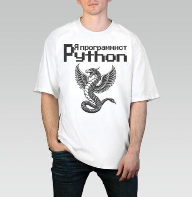 Мощный монохромный крылатый змей символизирует программист Python принт, Футболка / Мужчинам / Оверсайз / Белая / C принтом