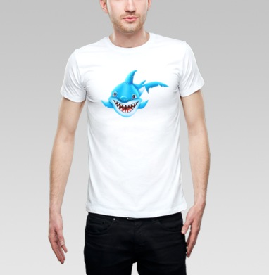 Жизнерадостный морской хищник мультяшная синяя акула Smiling Blue Shark, Футболка мужская Base белая