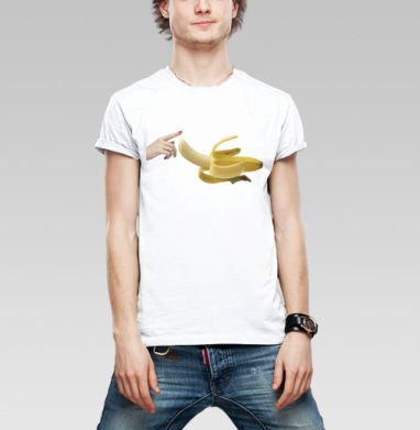 Желтый банан прикосновение пальцем коллаж - Магазин футболок vk-6286387 - Дизайнерские принты