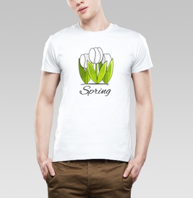 Белые тюльпаны и зелёные листья весна надпись Spring, Футболка мужская Base белая