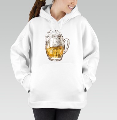 Янтарная кружка пива Beer Time, Толстовка / Женская/ Оверсайз / Начес / Белая / C принтом
