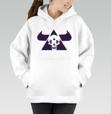 TRIANGLE SKULL BULL / Череп быка в треугольнике, Толстовка / Женская/ Оверсайз / Начес / Белая / C принтом