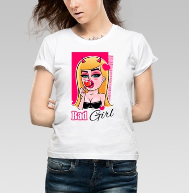 Дерзкая девушка с леденцом и рогами Bad Girl, Футболка женская белая 180гр