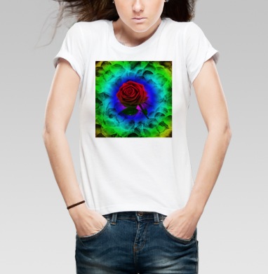 Красная роза в сиянии цветных кругов в сиянии цветных кругов, Футболка женская белая 180гр