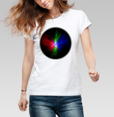 Мощный всплеск RGB цвета в динамике, Футболка женская белая 180гр