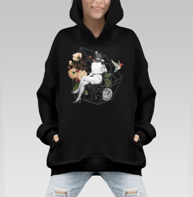 Женщина с головой кошки и вином в сюрреализме - Hoodie Mono, черная, оверсайз, утепленная, страница 2