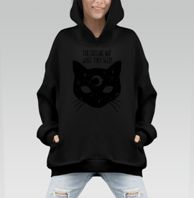 Мистическая голова кошки с ночным небом - Hoodie Mono, черная, оверсайз, утепленная, страница 3