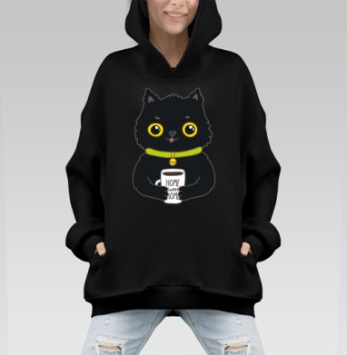 Милый черный кот с кружкой «HOME SWEET HOME» - Hoodie Mono, черная, оверсайз, утепленная, страница 5