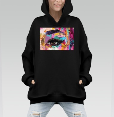 Глубокий взгляд в технике импасто ярких красок - Hoodie Mono, черная, оверсайз, утепленная, страница 2