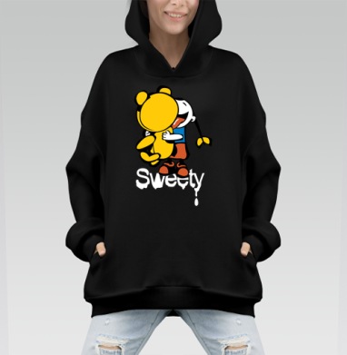 Девочка обнимает плюшевого мишку с языком Sweety - Hoodie Mono, черная, оверсайз, утепленная, страница 7