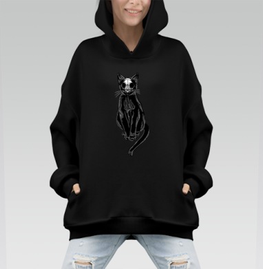 Графичное изображение кошки с черепом – мистический дизайн - Hoodie Mono, черная, оверсайз, утепленная, страница 2