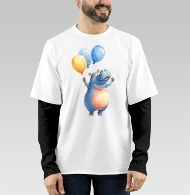 Watercolor Blue Hippo with Balloons / Акварельный бегемот с шариками, Футболка мужская лонгслив OneOne