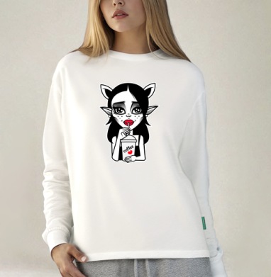 Stylish Demon Girl Drinking Coffee / Стильная Демонесса Пьет Кофе Сердце, Футболка лонгслив женская белая