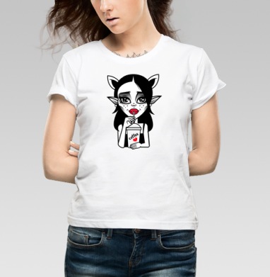Stylish Demon Girl Drinking Coffee / Стильная Демонесса Пьет Кофе Сердце, Футболка женская белая 180гр