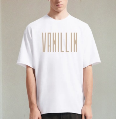 Vanillin - Ванилин / Стильный бежевый высокий шрифт на сером фоне, Футболка / Мужчинам / Оверсайз / Белая / C принтом