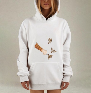 Кошачья лапа охотится на воробьев Cat Paw Hunting Sparrows, Hoodie Mjhigh Dig, оверсайз, утепленная