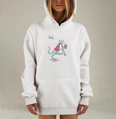 Веселая иллюстрация кота с молоком и птицей в погоне, Hoodie Mjhigh Dig, оверсайз, утепленная