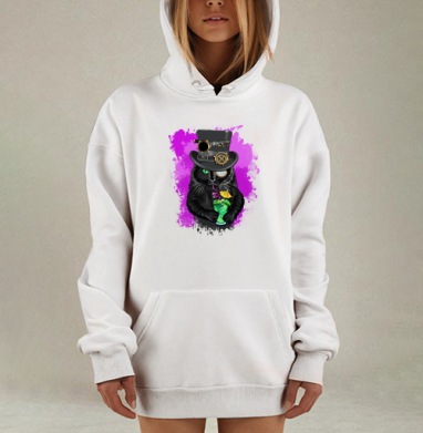 Стильный кот в стимпанк цилиндре с коктейлем, Hoodie Mjhigh Dig, оверсайз, утепленная