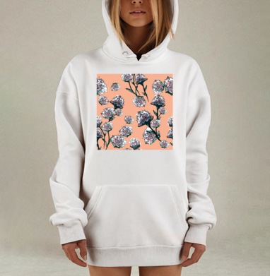 Цветущие ветки сирени на персиковом фоне нежная весенняя композиция, Hoodie Mjhigh Dig, оверсайз, утепленная