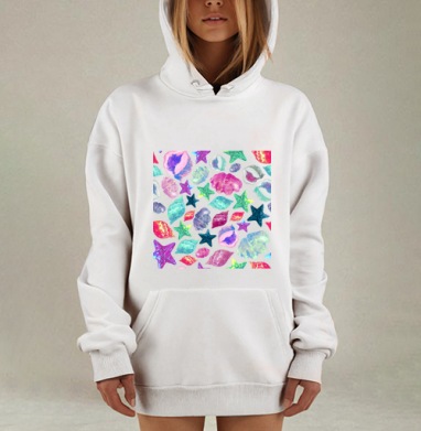 Паттерн с морскими ракушками и звездами в акварели, Hoodie Mjhigh Dig, оверсайз, утепленная