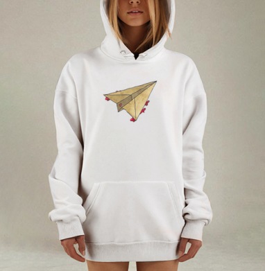 Бумажный кораблик с парусами-ракетами — стильная иллюстрация, Hoodie Mjhigh Dig, оверсайз, утепленная