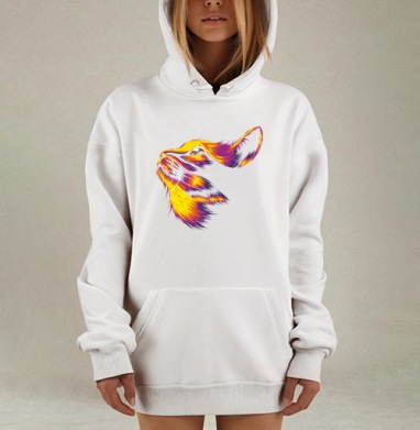 Яркая кошка смотрит вверх теплые оттенки желтый пурпурный черный, Hoodie Mjhigh Dig, оверсайз, утепленная