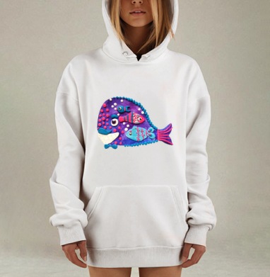 Добродушный сине-фиолетовый кит с рыбками, Hoodie Mjhigh Dig, оверсайз, утепленная