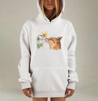 Акварельный принт с лисой и цветком, Hoodie Mjhigh Dig, оверсайз, утепленная
