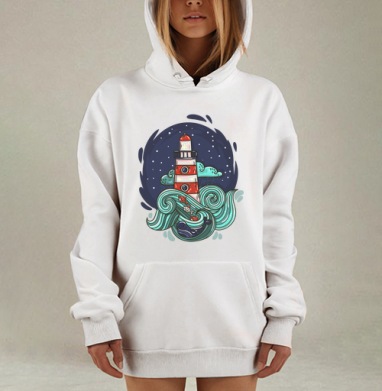 Стильный арт маяка с китом и волнами, Hoodie Mjhigh Dig, оверсайз, утепленная