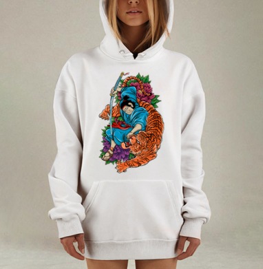 Самурай и тигр: мощь и гармония в японском стиле, Hoodie Mjhigh Dig, оверсайз, утепленная