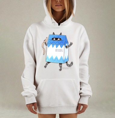 Игривый кот в коробке с сосисками — милая сцена, Hoodie Mjhigh Dig, оверсайз, утепленная