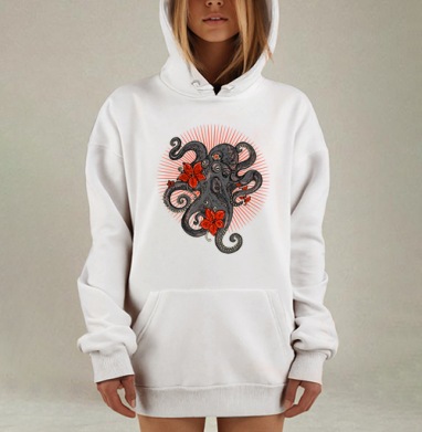 Стилизованный осьминог с красными цветами и сиянием, Hoodie Mjhigh Dig, оверсайз, утепленная