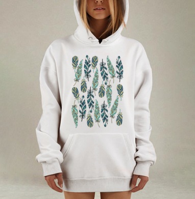 Бесшовный узор с этническими перьями в бохо стиле, Hoodie Mjhigh Dig, оверсайз, утепленная