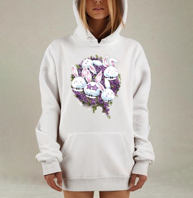 Милые белые кролики в фиолетовых цветах, Hoodie Mjhigh Dig, оверсайз, утепленная