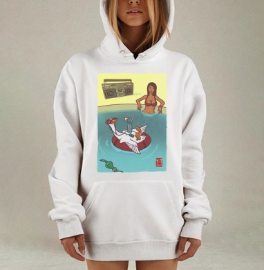 Юмористическое летнее настроение: отдых гуся у бассейна, Hoodie Mjhigh Dig, оверсайз, утепленная
