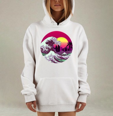 Ретровейв волна Хокусая в неоновых цветах, Hoodie Mjhigh Dig, оверсайз, утепленная