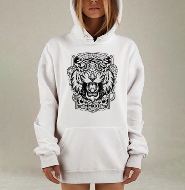 Графический логотип с агрессивным тигром и черепами, Hoodie Mjhigh Dig, оверсайз, утепленная