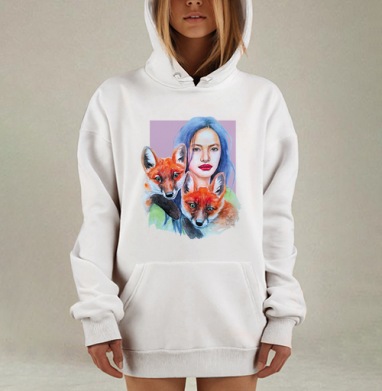 Женщина с синими волосами и лисятами — акварельное искусство, Hoodie Mjhigh Dig, оверсайз, утепленная