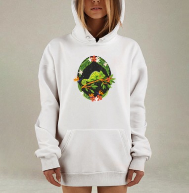 Яркий зеленый хамелеон на ветке в тропиках, Hoodie Mjhigh Dig, оверсайз, утепленная