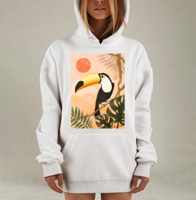 Тукан на ветке в тропическом пейзаже, Hoodie Mjhigh Dig, оверсайз, утепленная