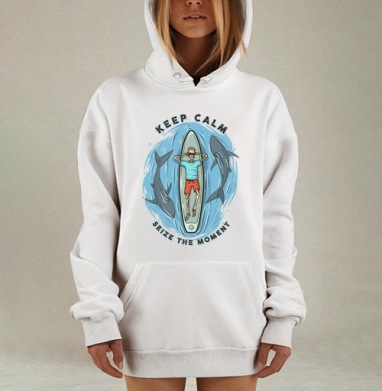 Скелет на сёрфе с акулами: Сохраняй спокойствие, Hoodie Mjhigh Dig, оверсайз, утепленная