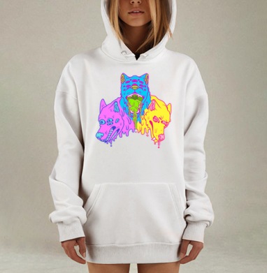 Психоделические тающие головы волков в кислотных тонах, Hoodie Mjhigh Dig, оверсайз, утепленная