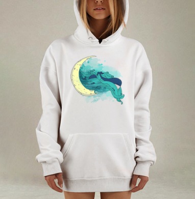 Спящий синий кит на месяц в акварельном стиле, Hoodie Mjhigh Dig, оверсайз, утепленная
