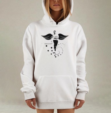 Мужчина с крыльями бегущий вперед с текстом heaven can wait®, Hoodie Mjhigh Dig, оверсайз, утепленная
