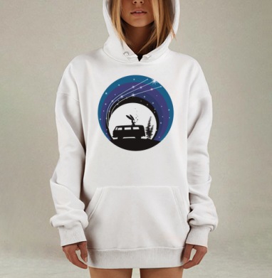 Ночная сцена с кроликом и фургоном под звездами, Hoodie Mjhigh Dig, оверсайз, утепленная