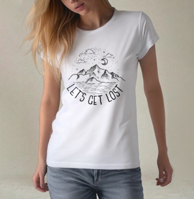 Стильный принт «Let’s Get Lost» с горным пейзажем, Футболка женская белая 180гр