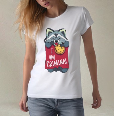 Милая футболка с енотом и надписью I AM CRIMINAL, Футболка женская белая 180гр